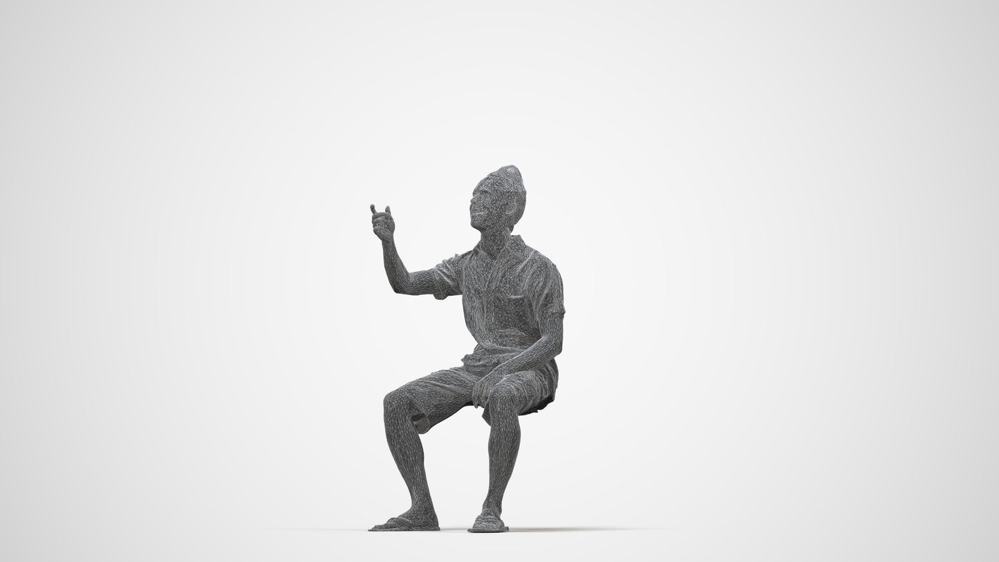 scanned 3D man casual sitting, photogrammetry people for Enscape and V-Ray, wireframe back view