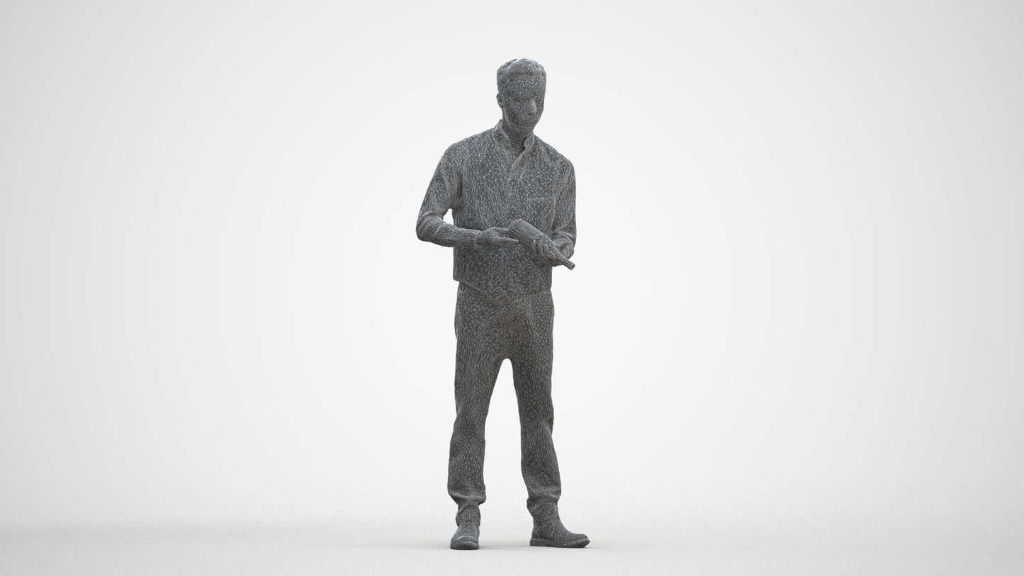 3D human model man hospitality, photogrammetry scanned person for archviz, three-quarter front view render