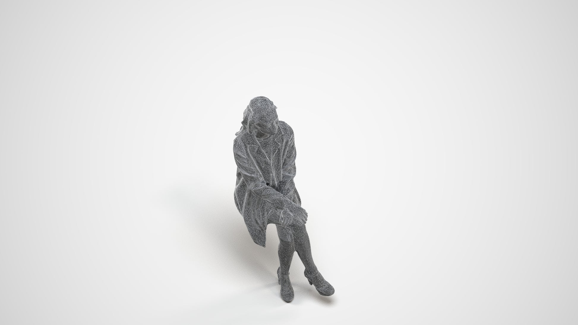 photogrammetry 3D woman business sitting, realistic human model archviz FBX, wireframe three-quarter view