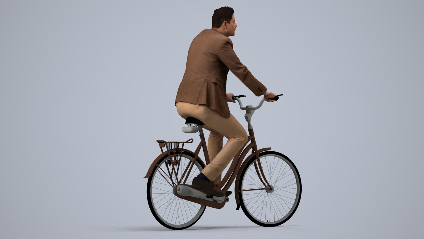 photogrammetry 3D man business cycling, realistic human model archviz FBX, side view render