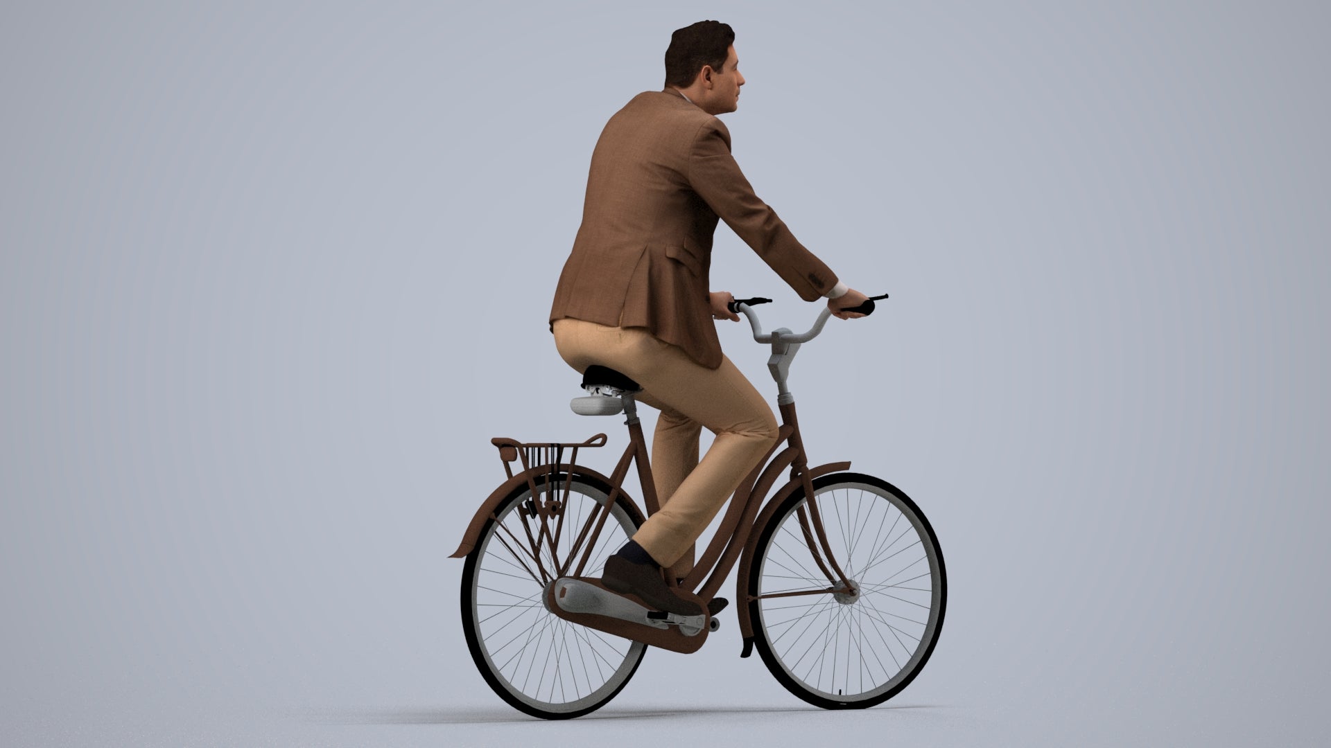 photogrammetry 3D man business cycling, realistic human model archviz FBX, side view render