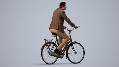 photogrammetry 3D man business cycling, realistic human model archviz FBX, side view render