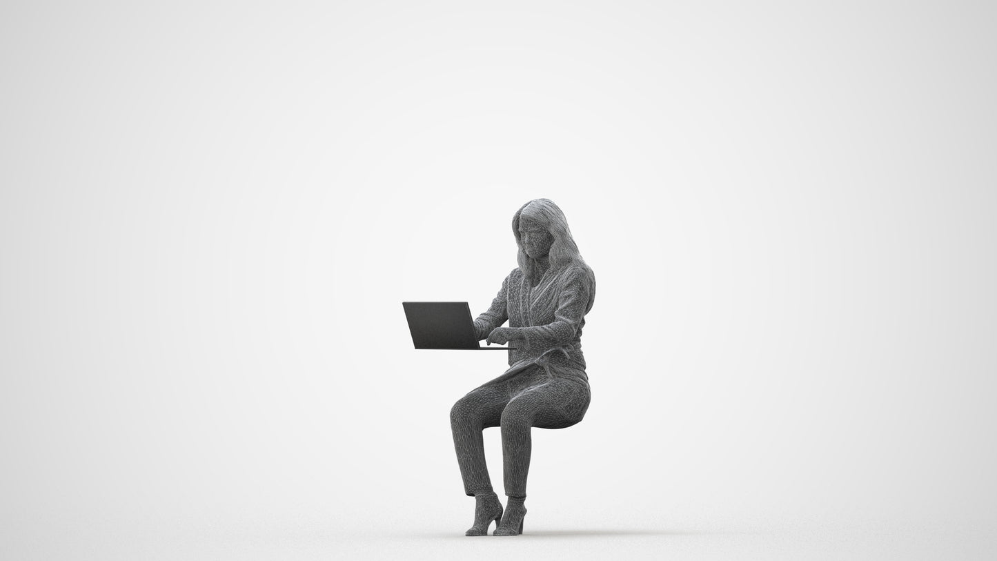 scanned 3D woman business sitting, photogrammetry people for Enscape and V-Ray, square thumbnail
