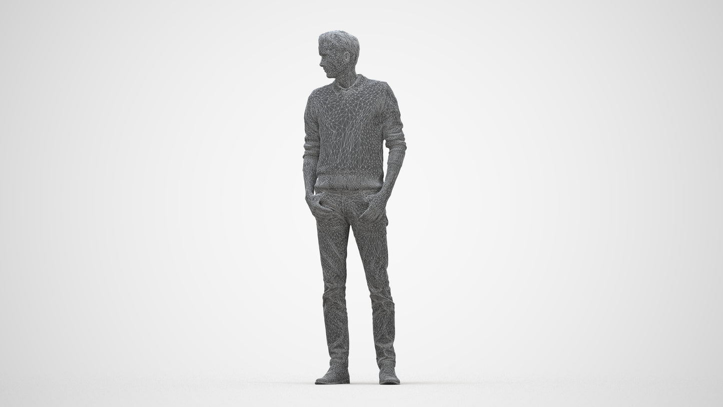 realistic 3D people man casual standing, render-ready for V-Ray and Corona, FBX OBJ, wireframe back view
