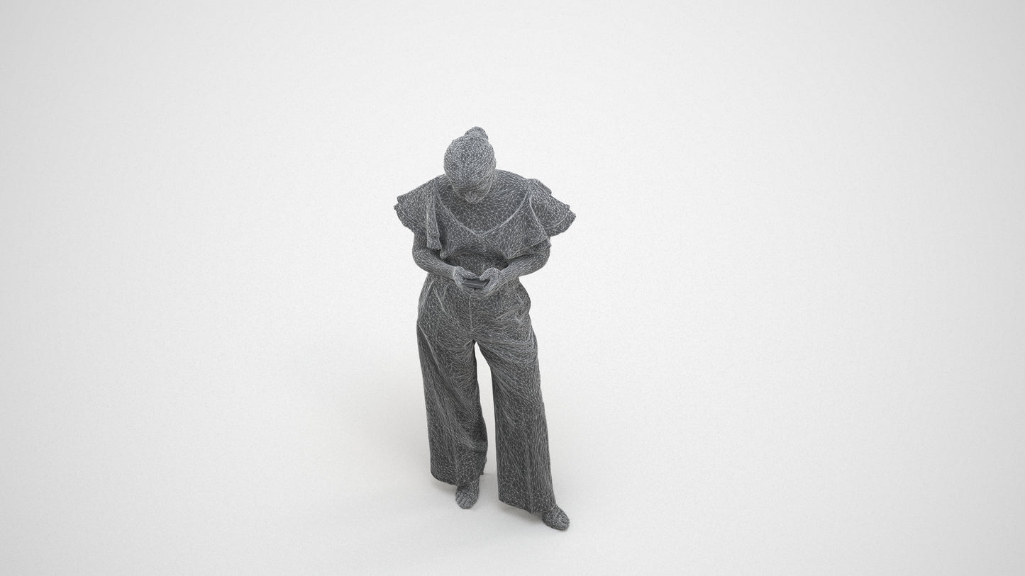 realistic 3D human woman business standing, archviz people FBX OBJ for Blender, wireframe three-quarter view