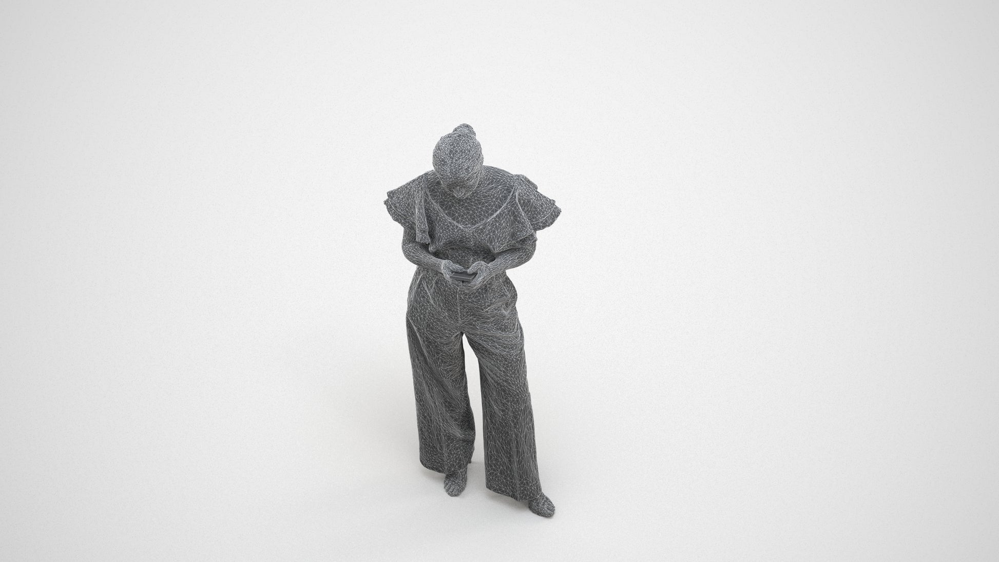 realistic 3D human woman business standing, archviz people FBX OBJ for Blender, wireframe three-quarter view
