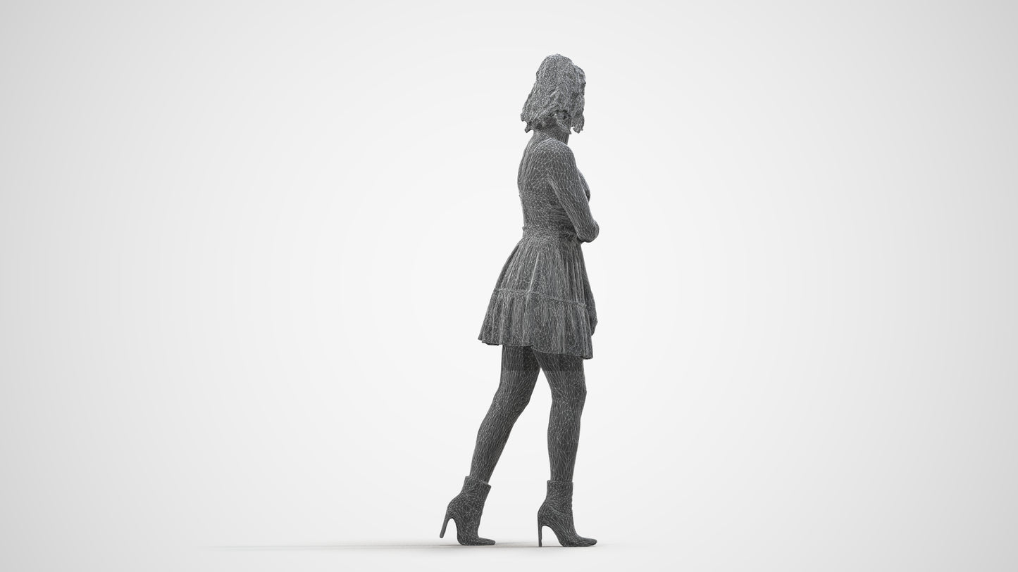 scanned 3D woman casual walking, photogrammetry people for Enscape and V-Ray, wireframe side view