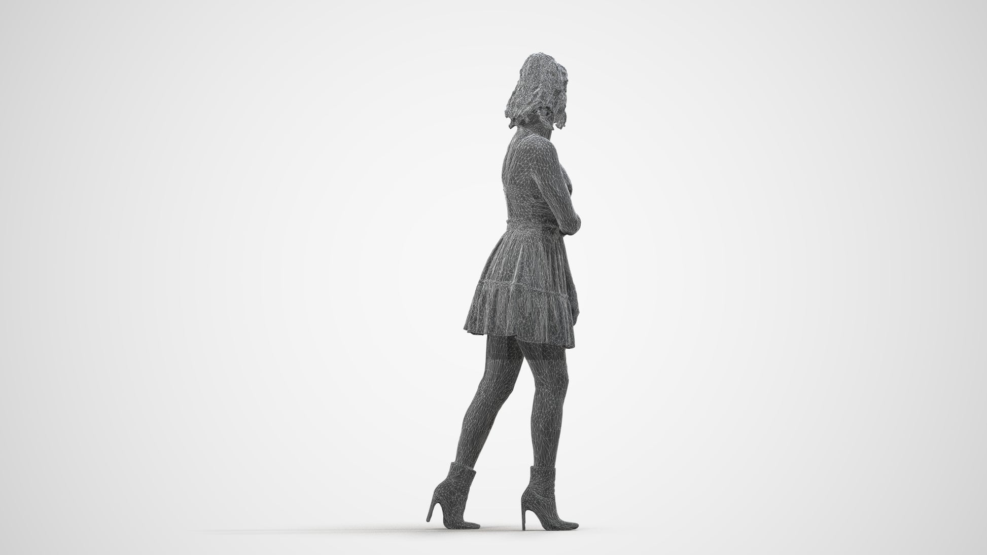 scanned 3D woman casual walking, photogrammetry people for Enscape and V-Ray, wireframe side view