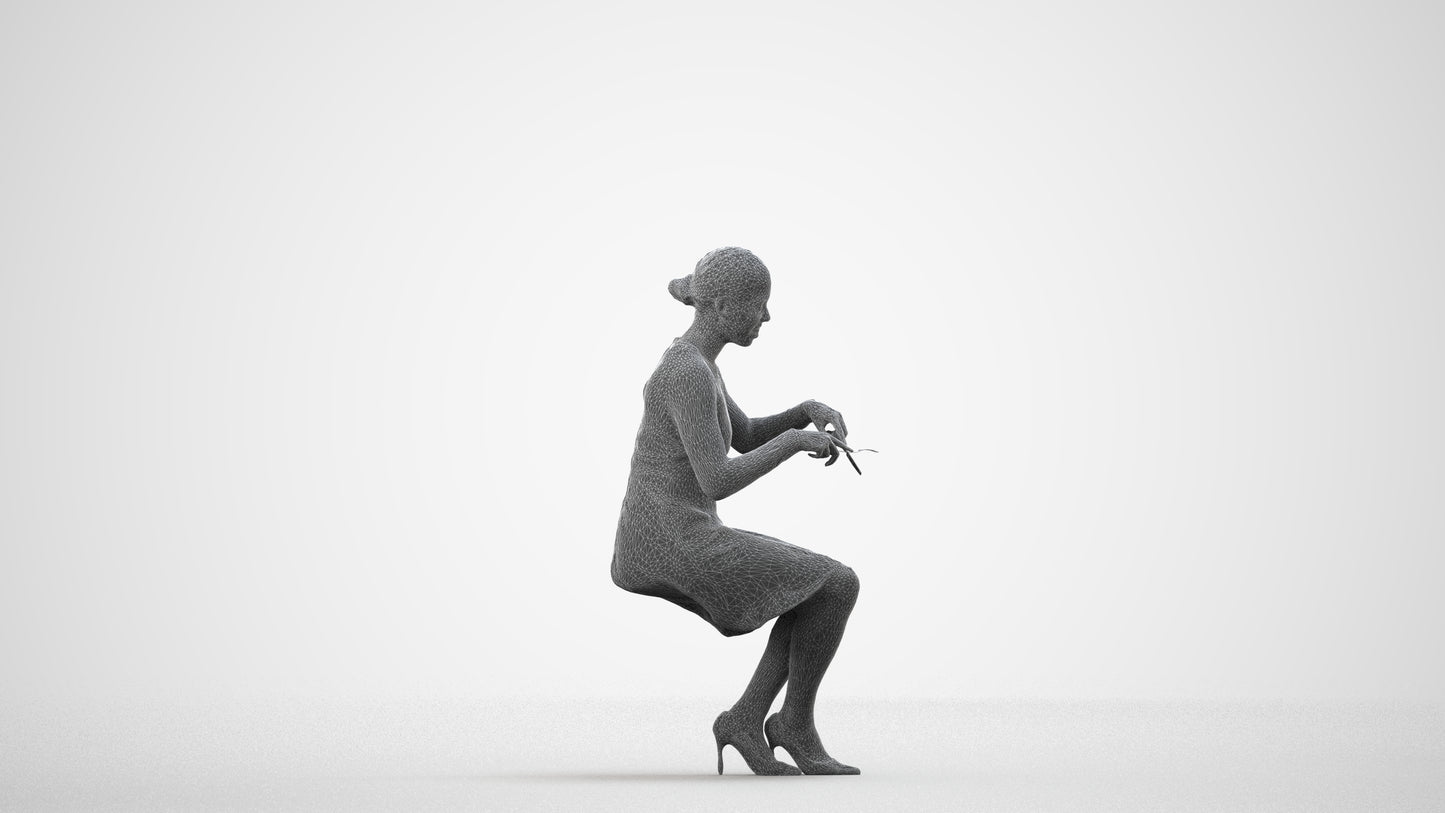 scanned 3D woman casual sitting, photogrammetry people for Enscape and V-Ray, wireframe side view
