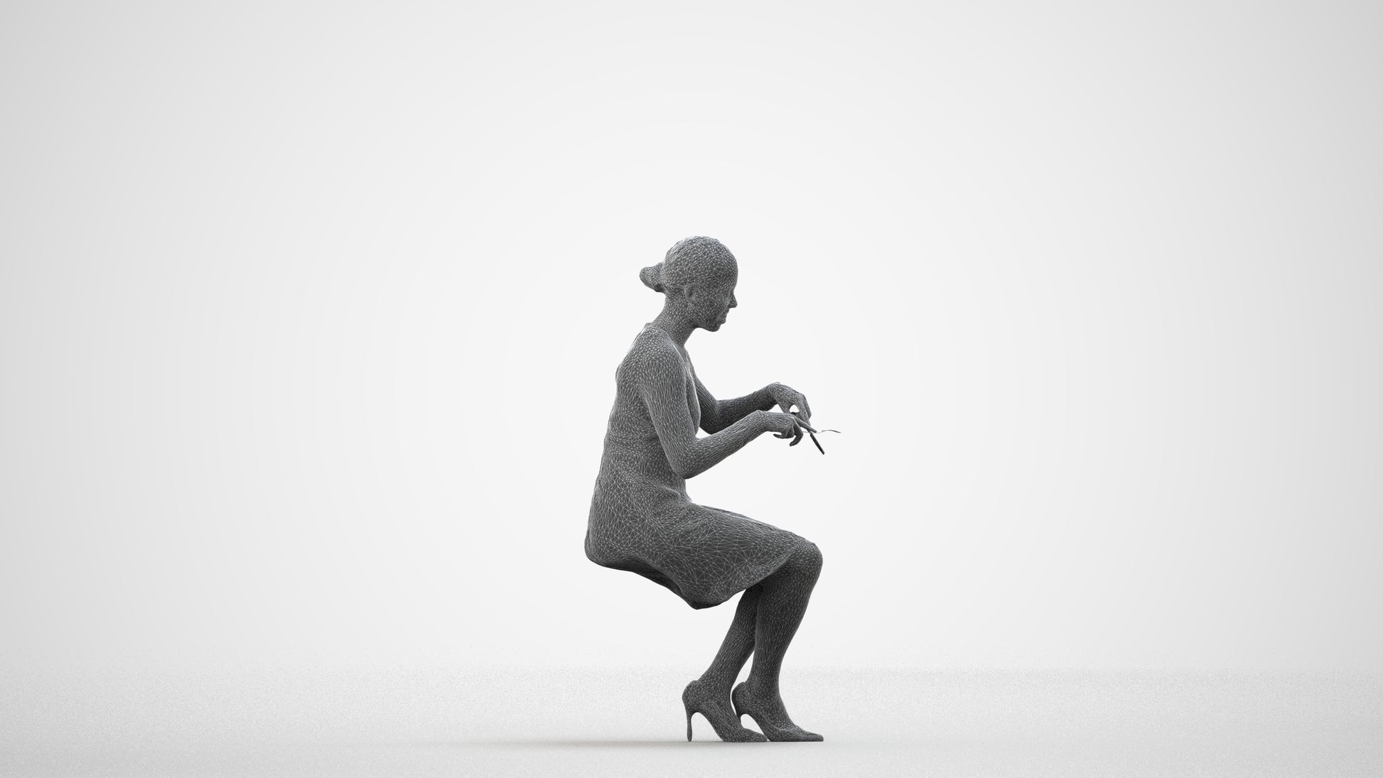 scanned 3D woman casual sitting, photogrammetry people for Enscape and V-Ray, wireframe side view