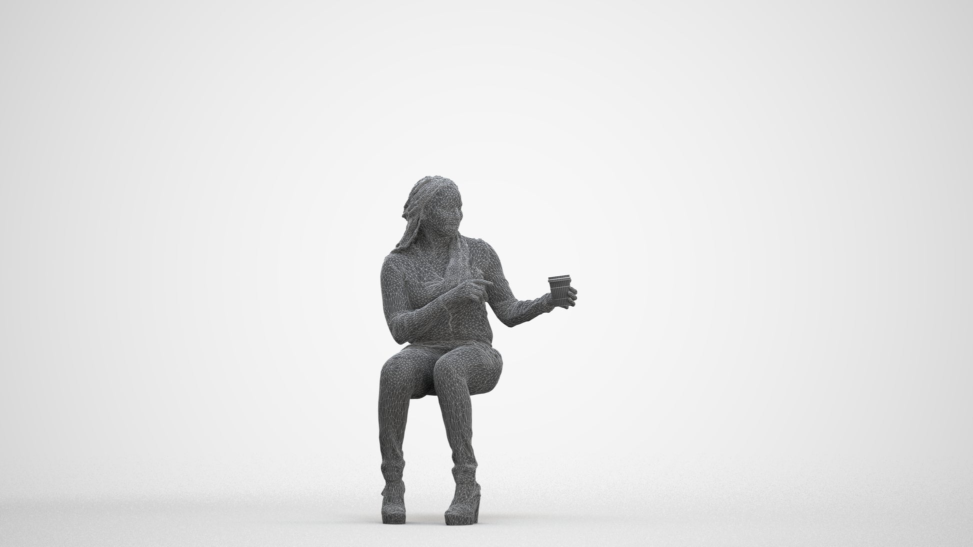 realistic 3D woman casual sitting, scanned archviz people for Blender and 3ds Max, three-quarter front view render
