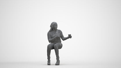 realistic 3D woman casual sitting, scanned archviz people for Blender and 3ds Max, three-quarter front view render
