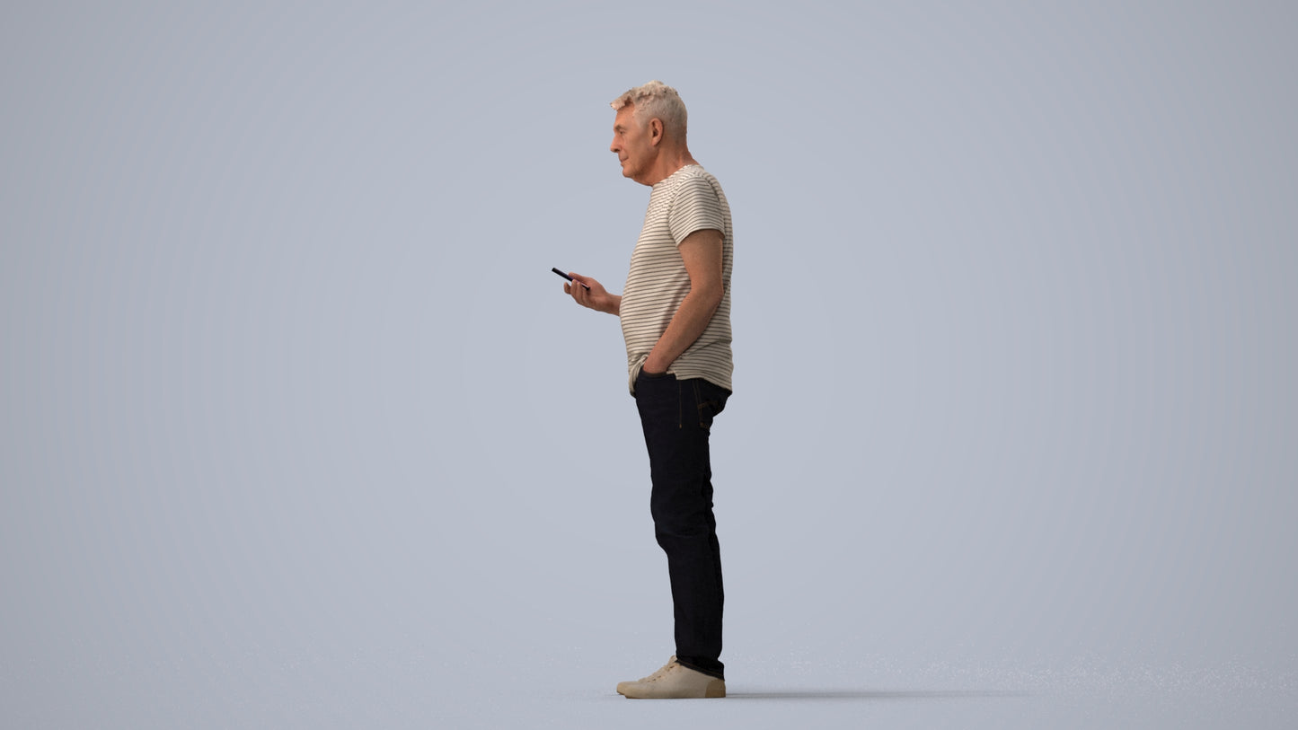 3D people model senior man casual standing, scanned human for 3ds Max rendering, three-quarter view render