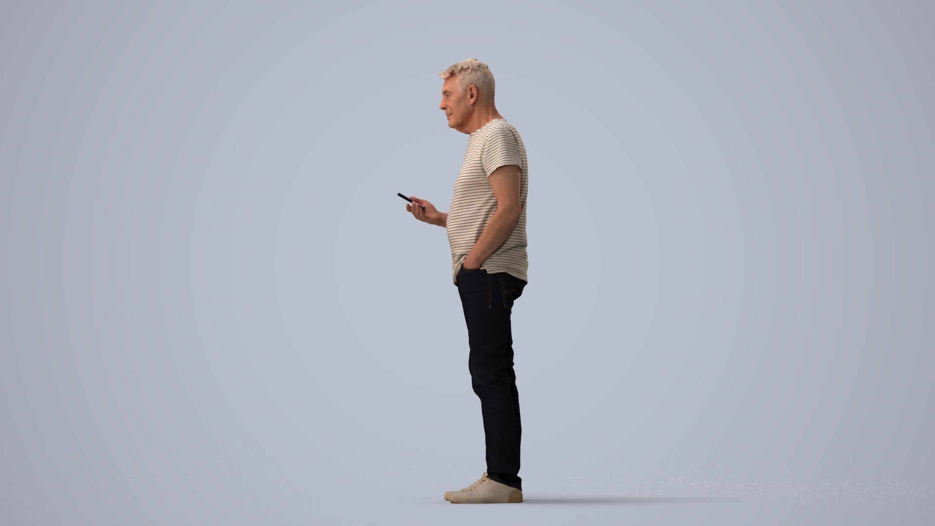 3D people model senior man casual standing, scanned human for 3ds Max rendering, three-quarter view render