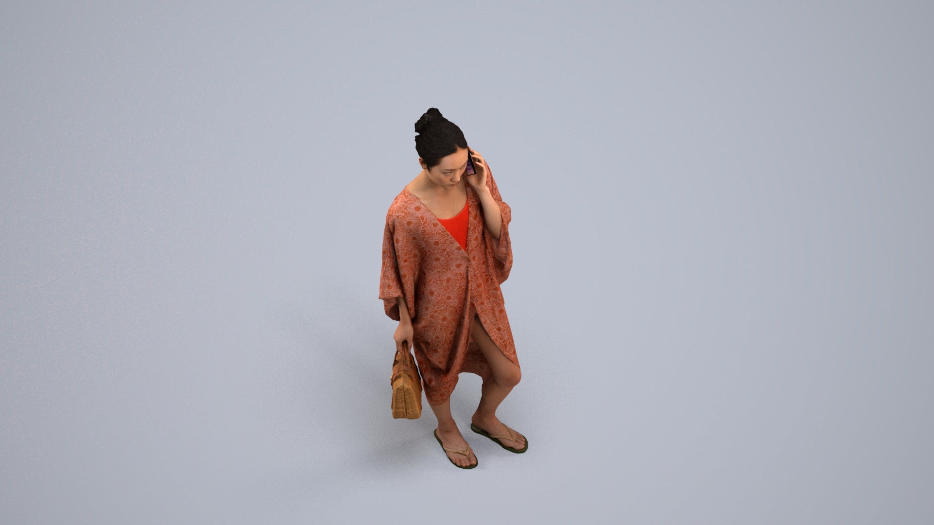 3D human model woman standing, photogrammetry scanned person for archviz, back view render