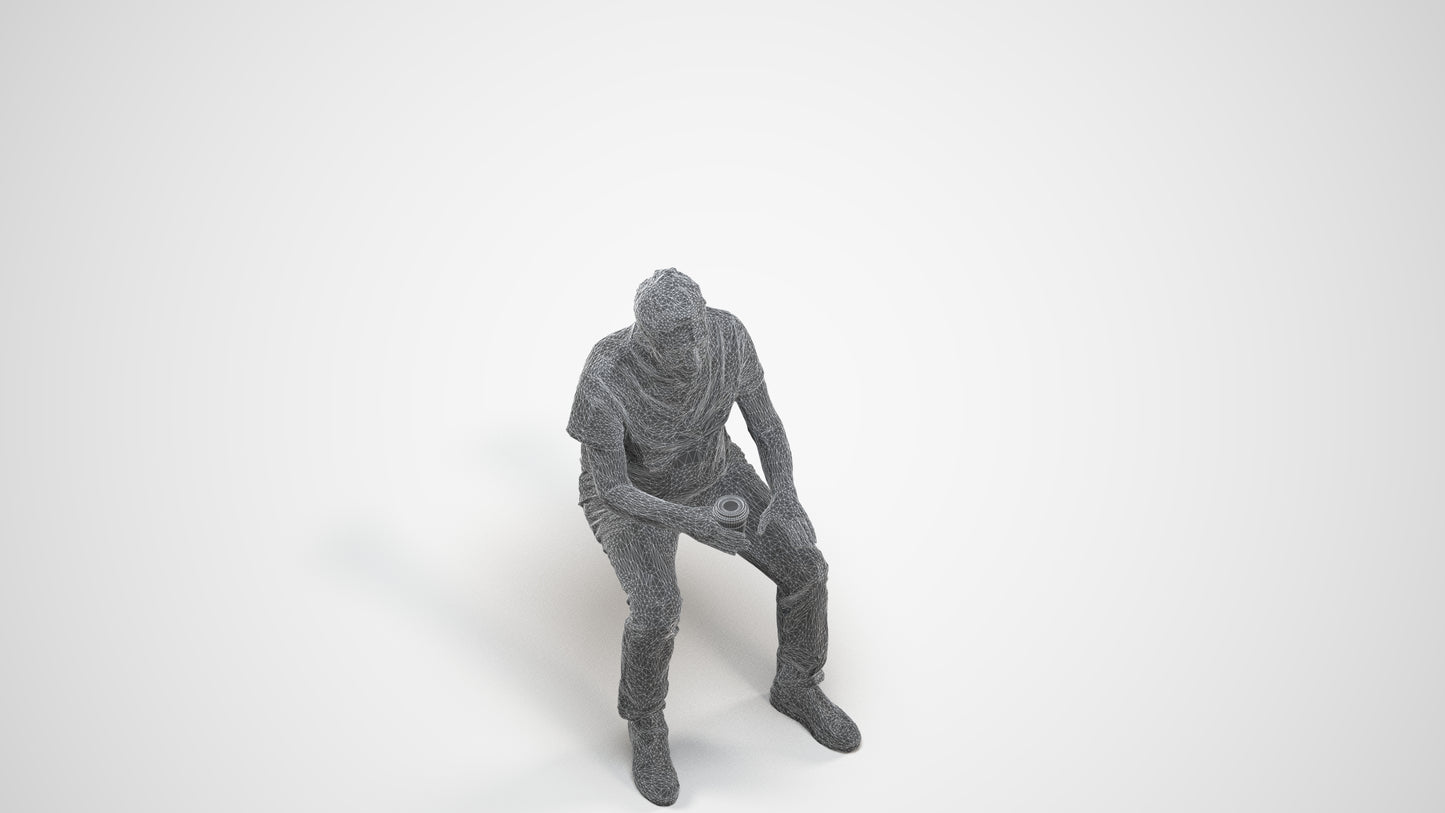 3D people model senior man casual sitting, scanned human for 3ds Max rendering, wireframe three-quarter view