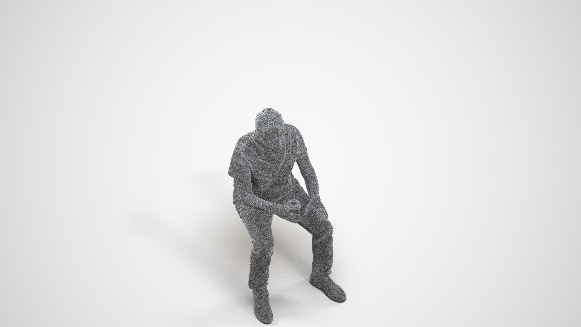 3D people model senior man casual sitting, scanned human for 3ds Max rendering, wireframe three-quarter view