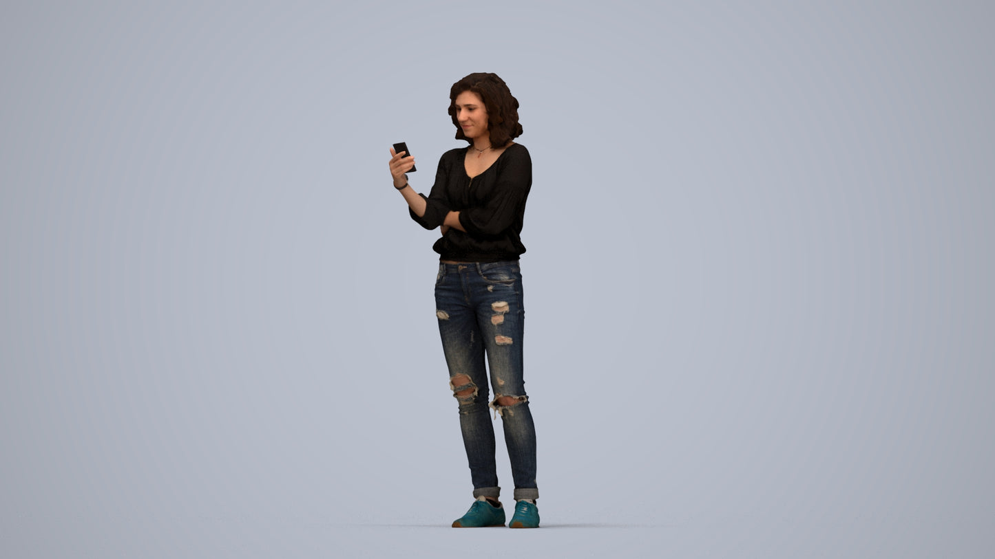 3D human model woman casual standing, photogrammetry scanned person for archviz, top-down view render