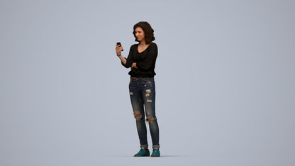 3D human model woman casual standing, photogrammetry scanned person for archviz, top-down view render