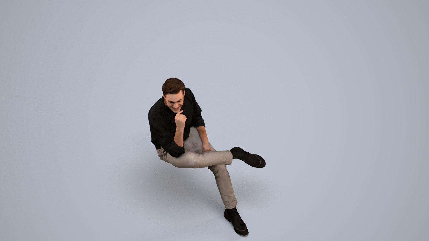 realistic 3D man casual sitting, scanned archviz people for Blender and 3ds Max, back view render