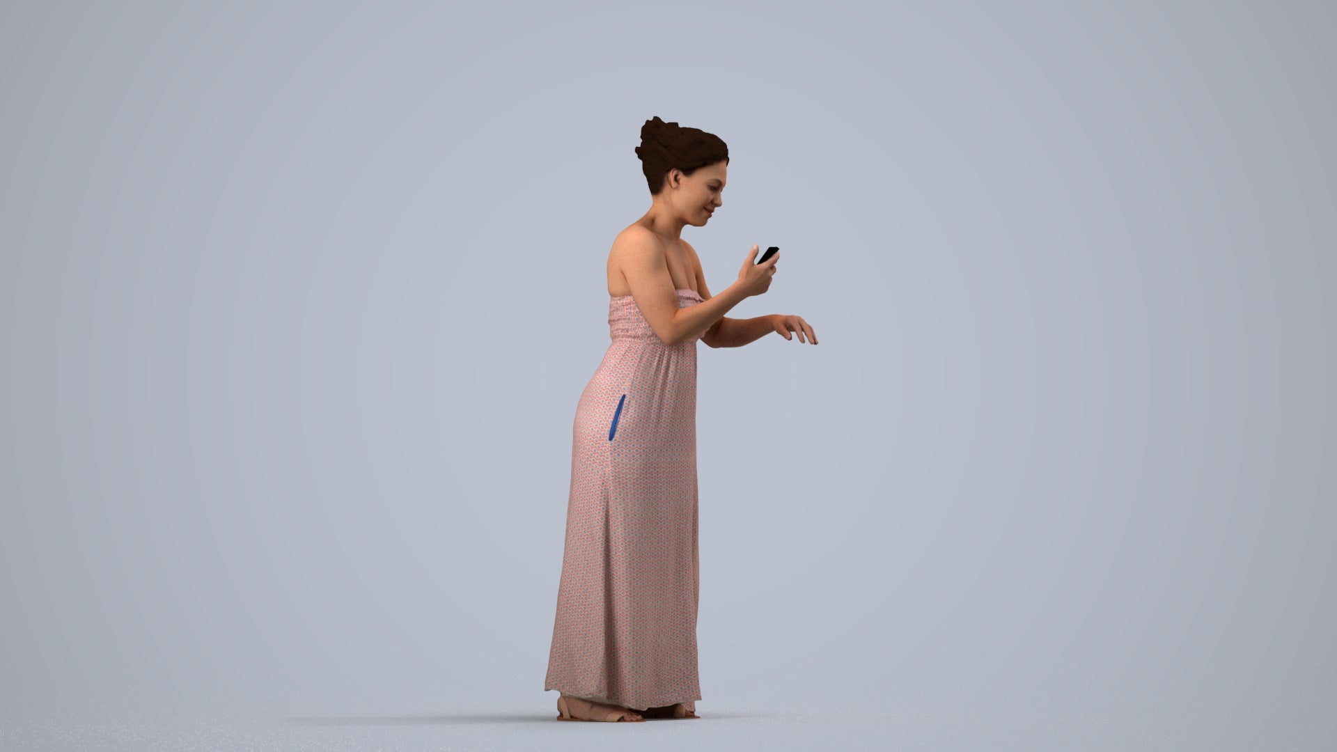 realistic 3D human woman casual standing, archviz people FBX OBJ for Blender, side view render