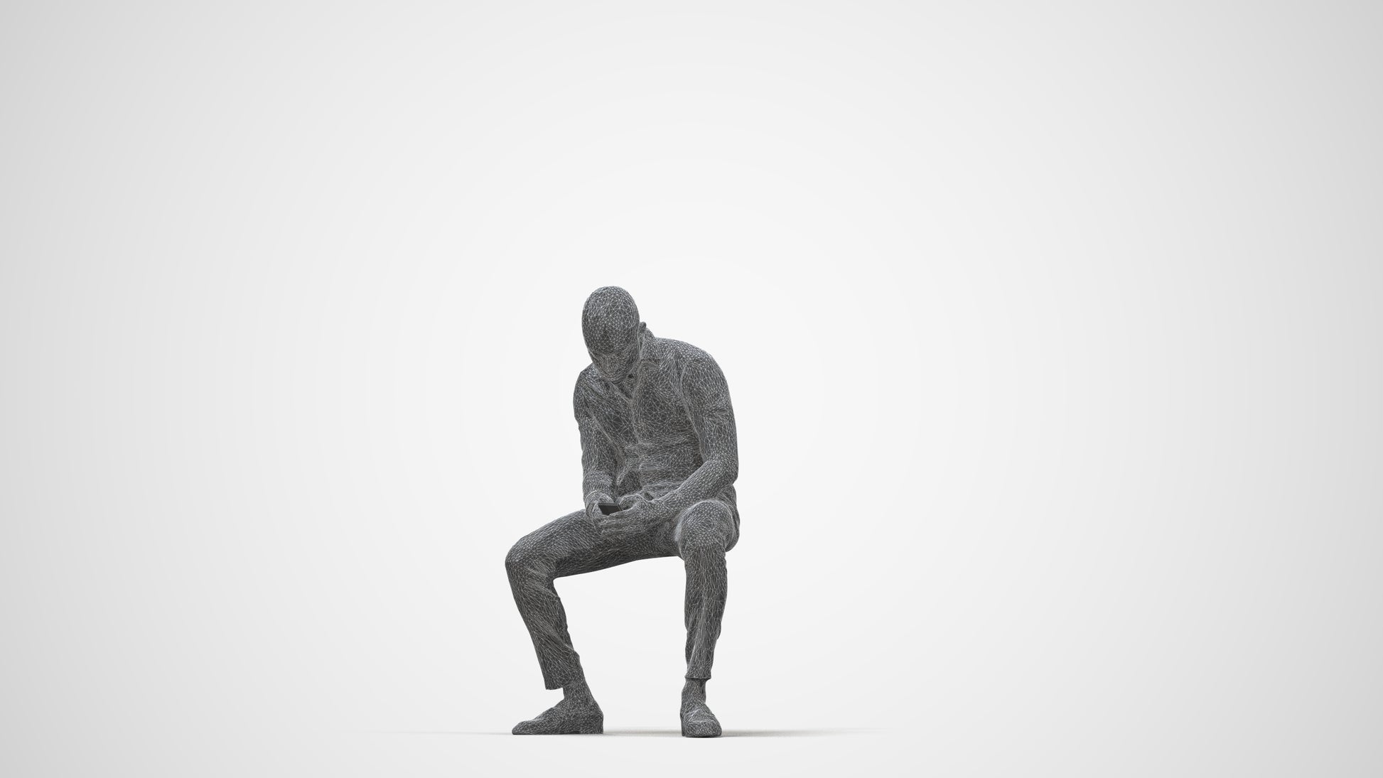 3D people model man business sitting, scanned human for 3ds Max rendering, wireframe back view