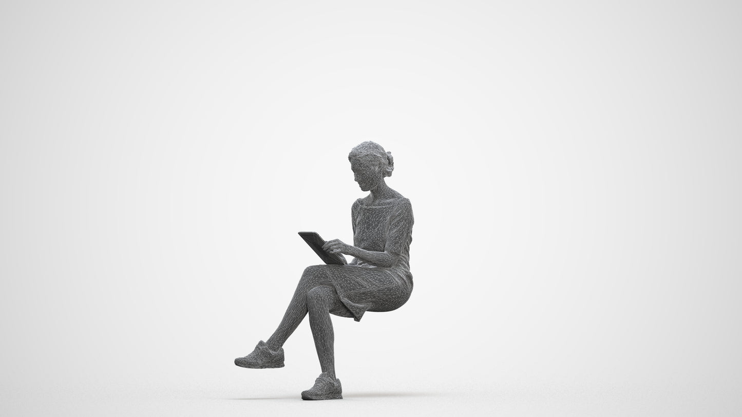 3D people model woman casual sitting, scanned human for 3ds Max rendering, three-quarter front view render