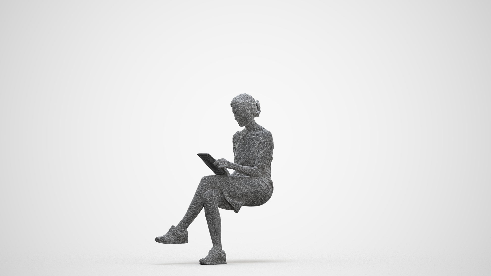 3D people model woman casual sitting, scanned human for 3ds Max rendering, three-quarter front view render