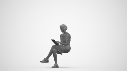 3D people model woman casual sitting, scanned human for 3ds Max rendering, three-quarter front view render