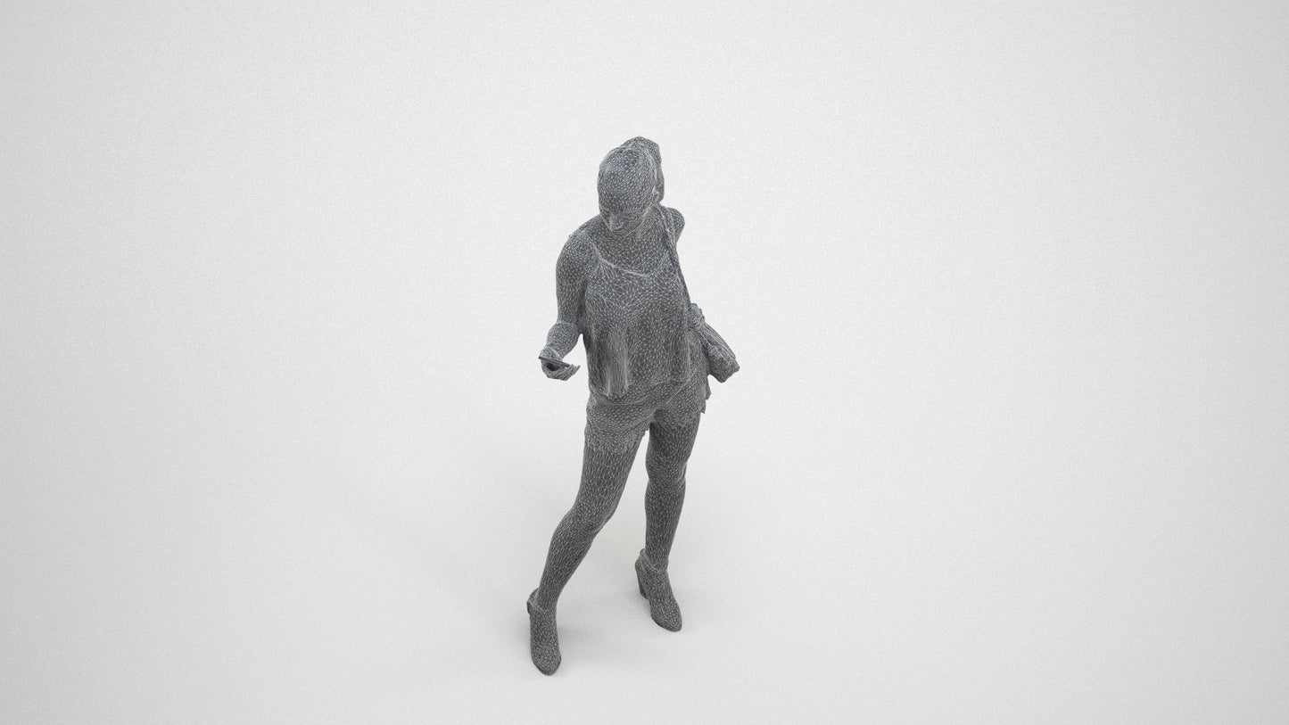 photogrammetry 3D girl casual standing, realistic human model archviz FBX, wireframe three-quarter view