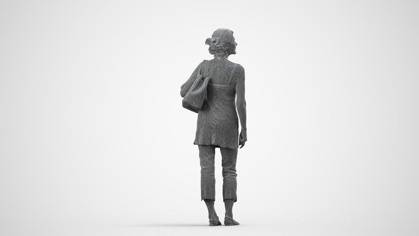 3D scanned senior woman standing casual, photorealistic archviz people for Enscape and SketchUp, wireframe side view