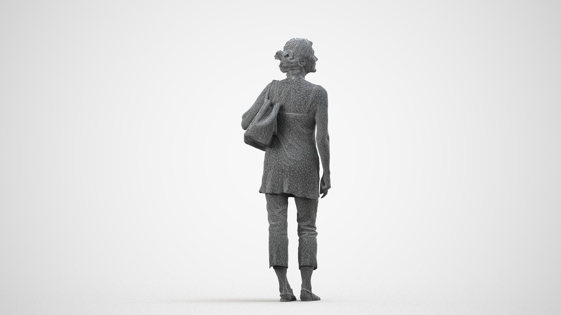 3D scanned senior woman standing casual, photorealistic archviz people for Enscape and SketchUp, wireframe side view