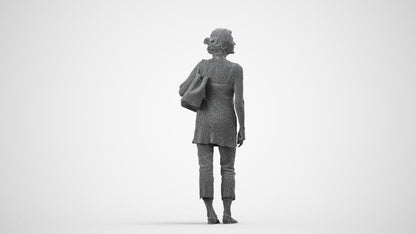3D scanned senior woman standing casual, photorealistic archviz people for Enscape and SketchUp, wireframe side view