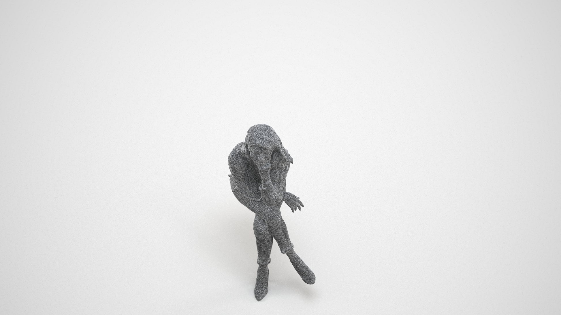 realistic 3D human woman casual sitting, archviz people FBX OBJ for Blender, wireframe three-quarter view