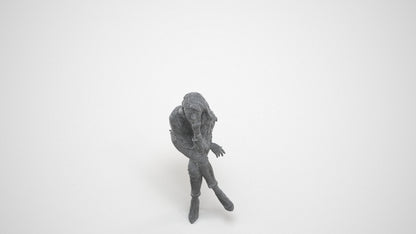 realistic 3D human woman casual sitting, archviz people FBX OBJ for Blender, wireframe three-quarter view