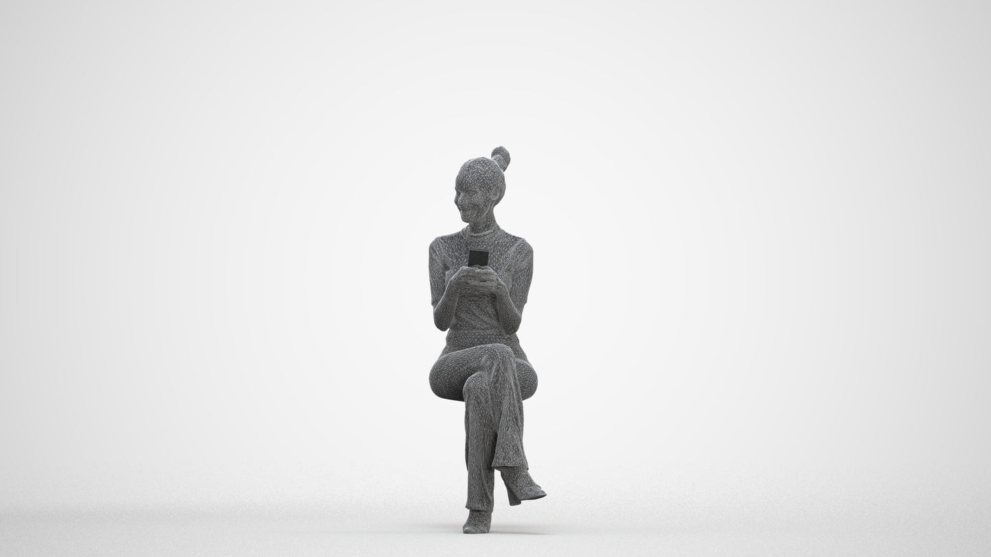 photogrammetry 3D woman casual sitting, realistic human model archviz FBX, three-quarter front view render