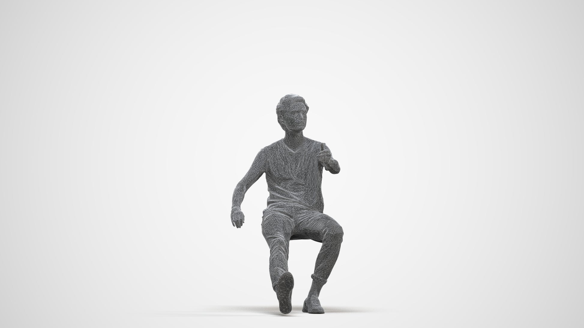 3D people model man casual sitting, scanned human for 3ds Max rendering, three-quarter front view render