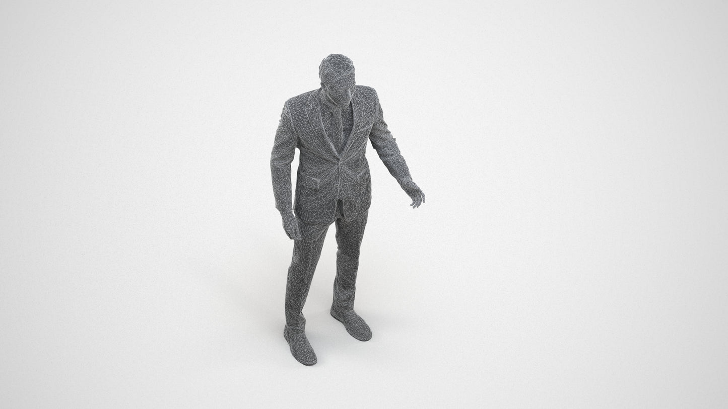 3D people model man business, scanned human for 3ds Max rendering, wireframe three-quarter view