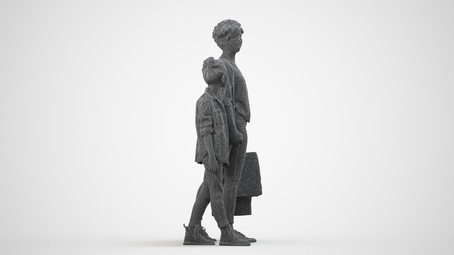 3D human model girl casual kids, photogrammetry scanned person for archviz, wireframe side view