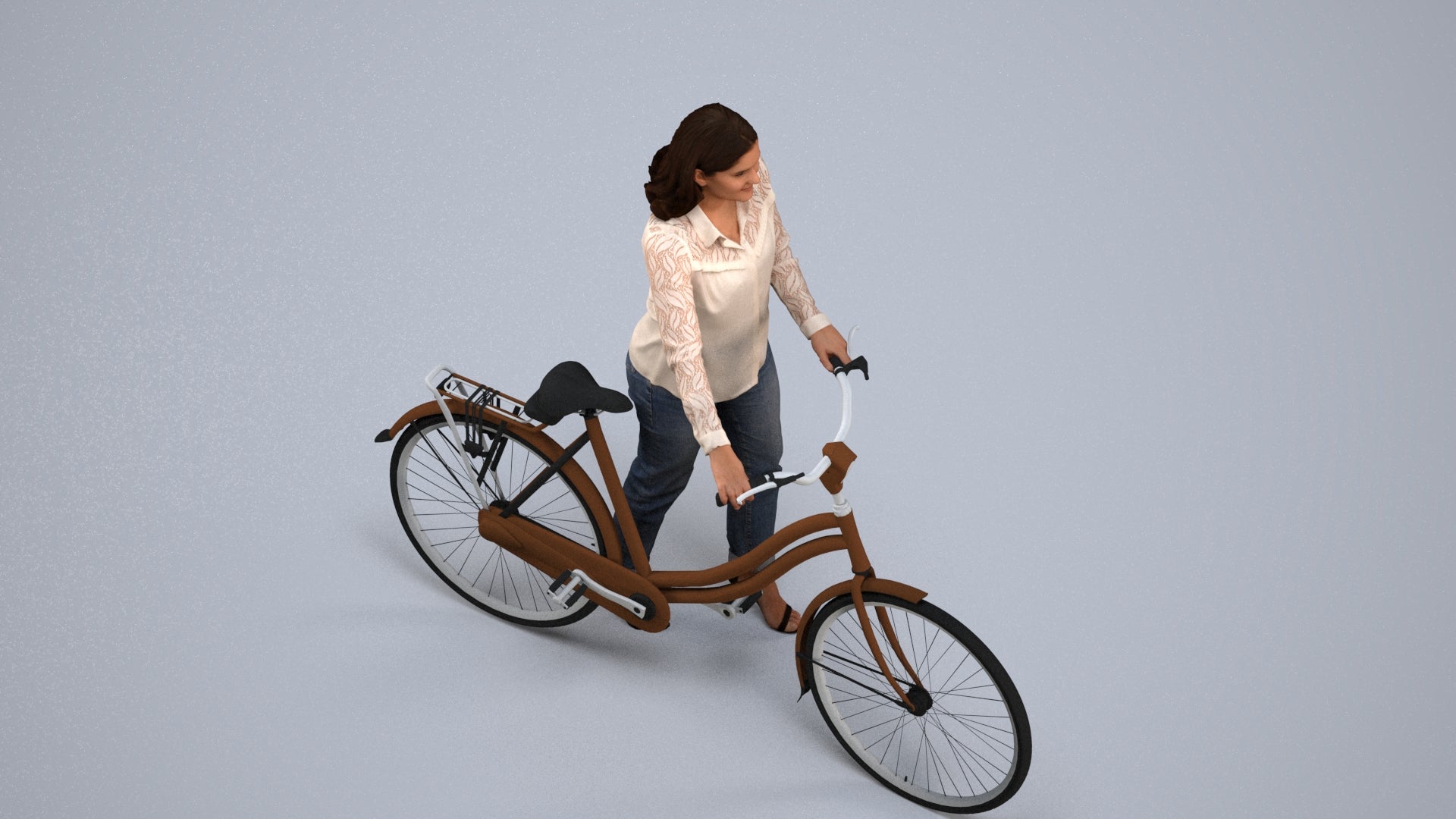 realistic 3D human woman casual cycling, archviz people FBX OBJ for Blender, back view render