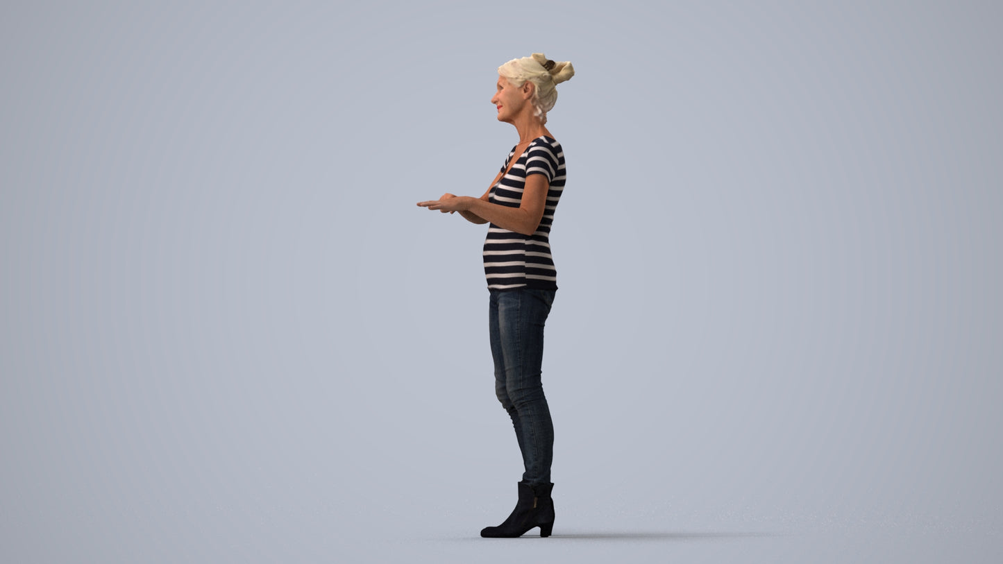 3D scanned senior woman standing casual, photorealistic archviz people for Enscape and SketchUp, three-quarter view render