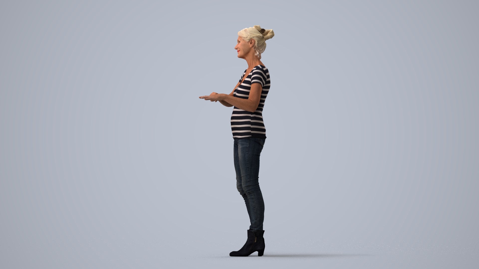3D scanned senior woman standing casual, photorealistic archviz people for Enscape and SketchUp, three-quarter view render
