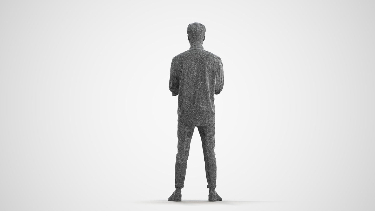 3D people model man casual standing, scanned human for 3ds Max rendering, wireframe front view
