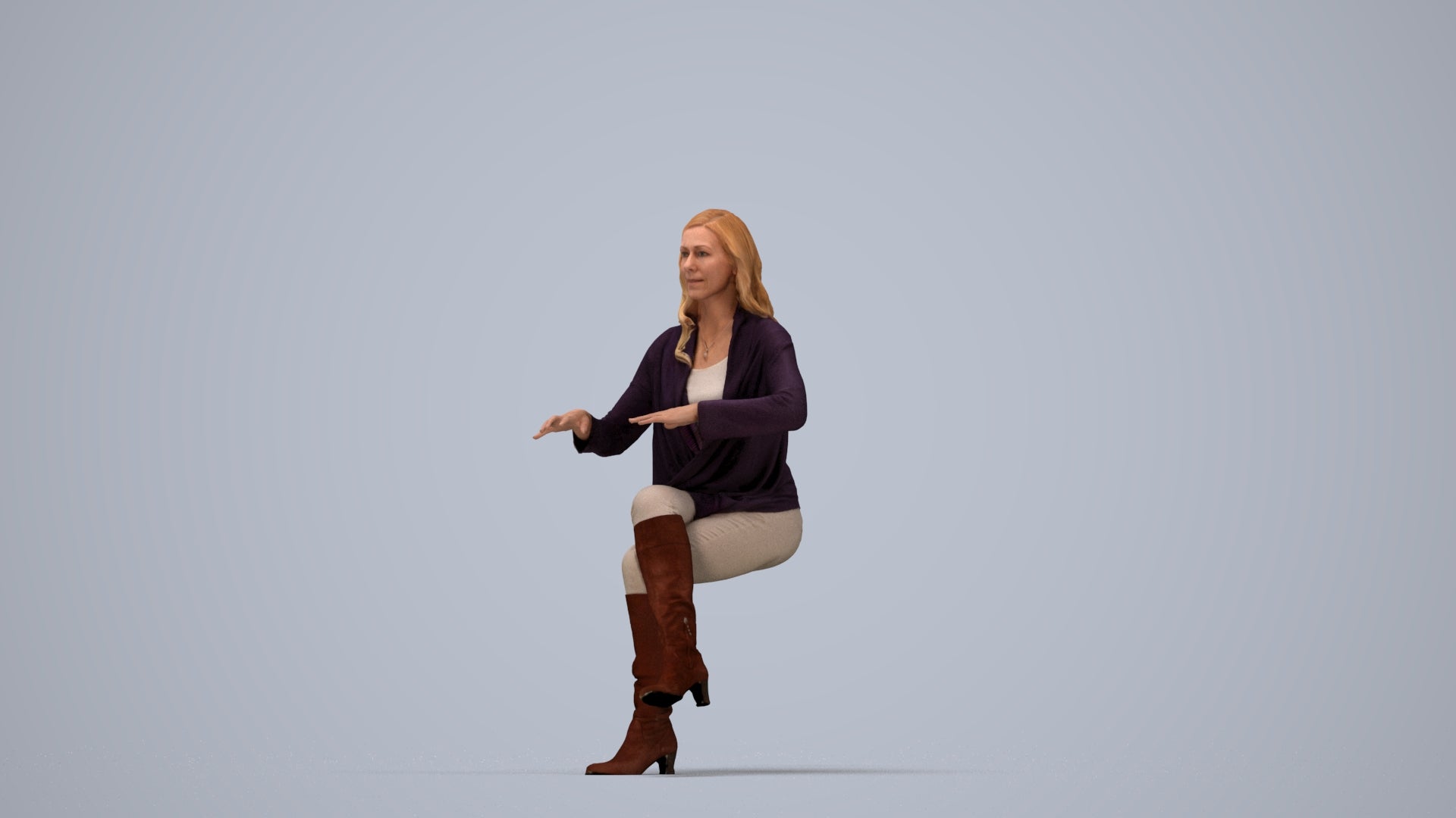realistic 3D human woman casual sitting, archviz people FBX OBJ for Blender, top-down view render