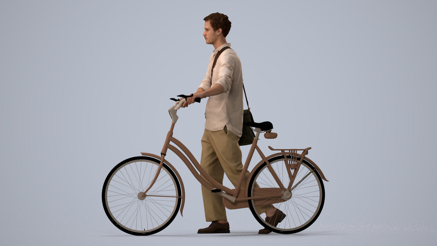 scanned 3D man casual cycling, photogrammetry people for Enscape and V-Ray, three-quarter view render