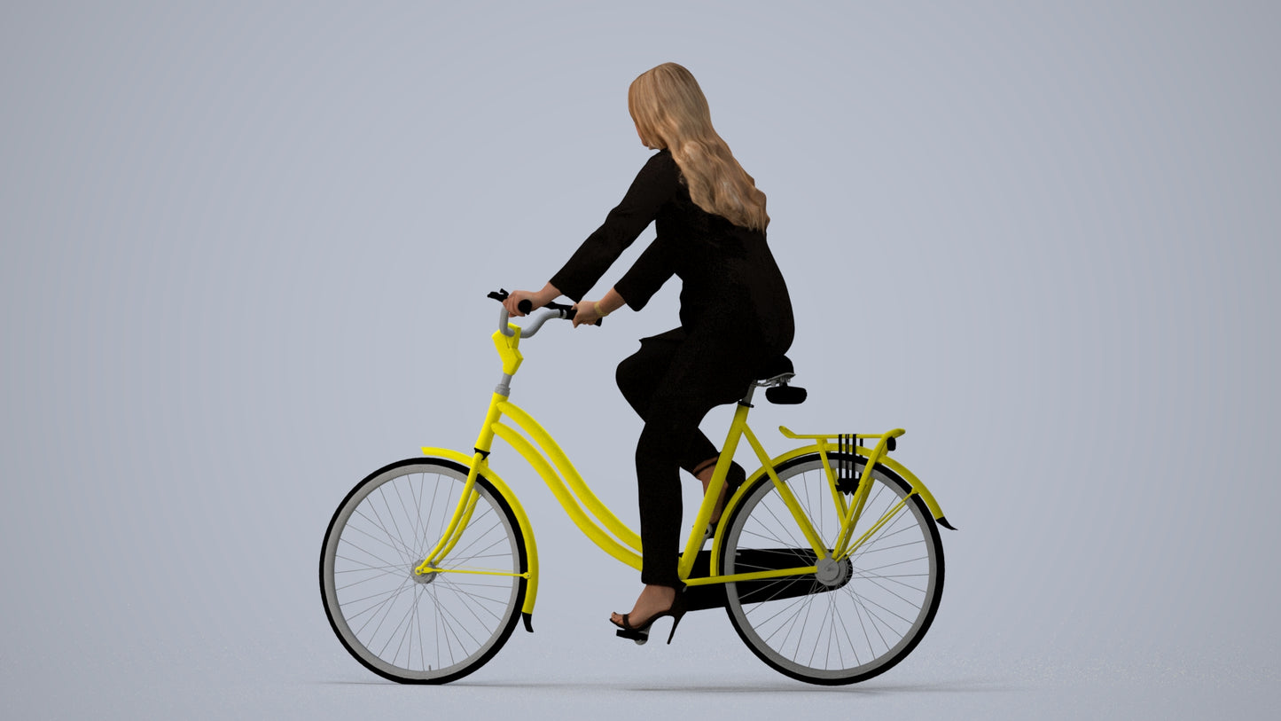 realistic 3D woman business cycling, scanned archviz people for Blender and 3ds Max, three-quarter view render