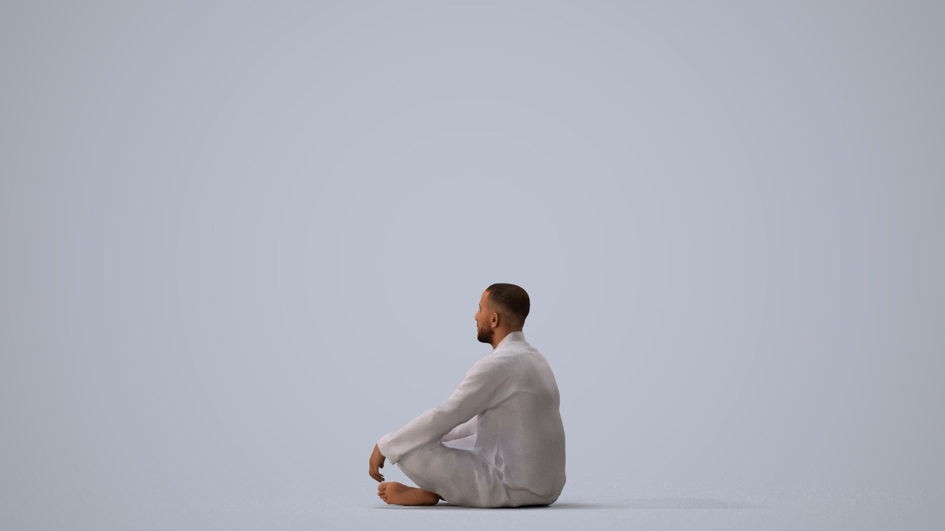 photogrammetry 3D man sitting, realistic human model archviz FBX, three-quarter view render