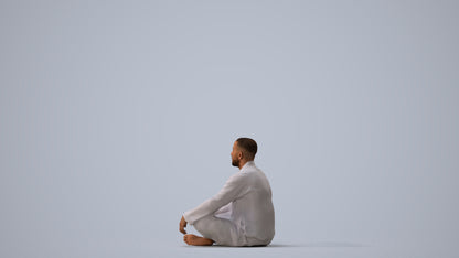 photogrammetry 3D man sitting, realistic human model archviz FBX, three-quarter view render
