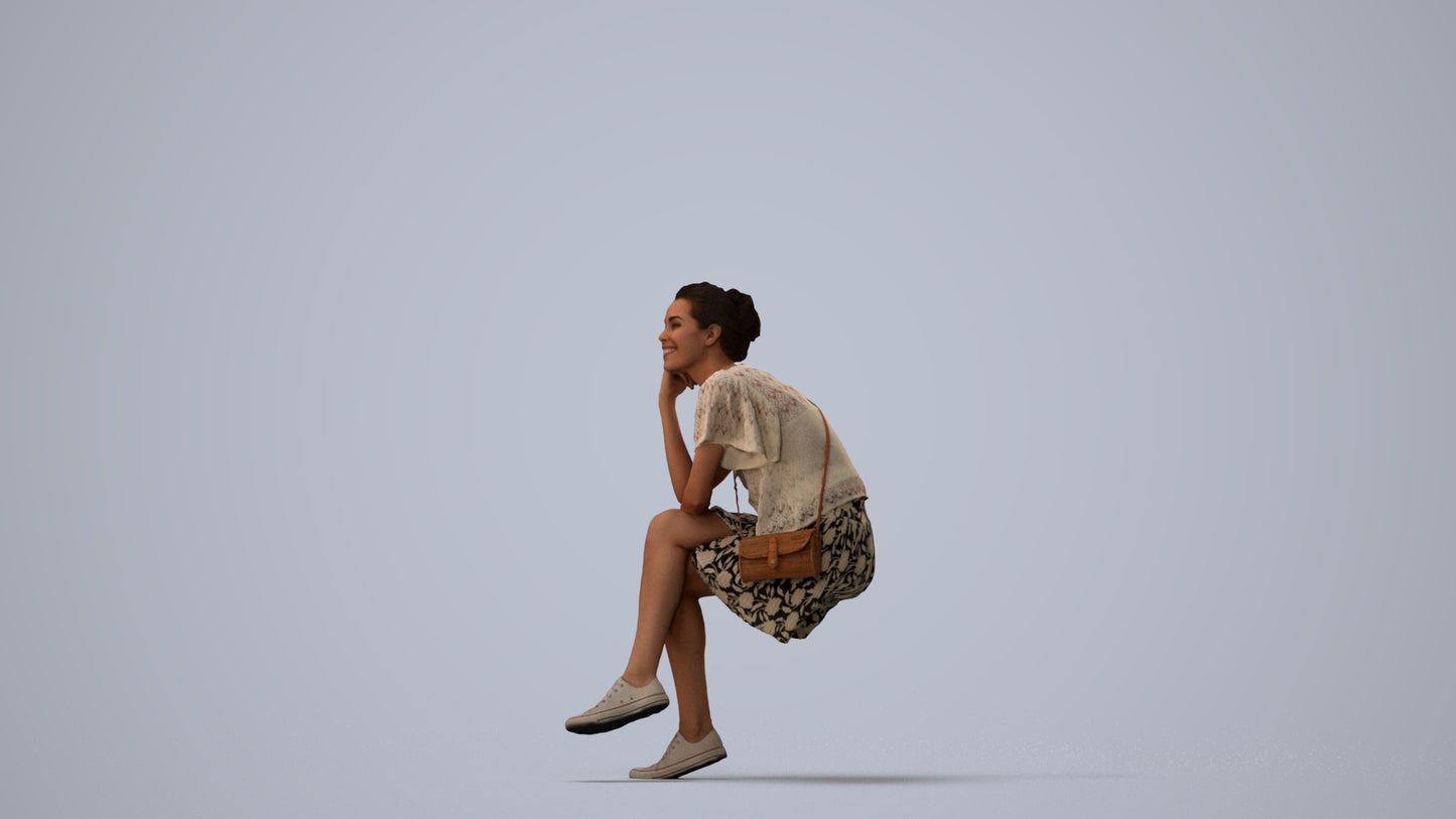 scanned 3D woman casual sitting, photogrammetry people for Enscape and V-Ray, three-quarter view render