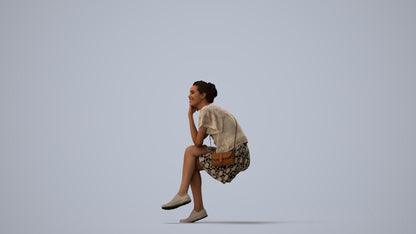 scanned 3D woman casual sitting, photogrammetry people for Enscape and V-Ray, three-quarter view render